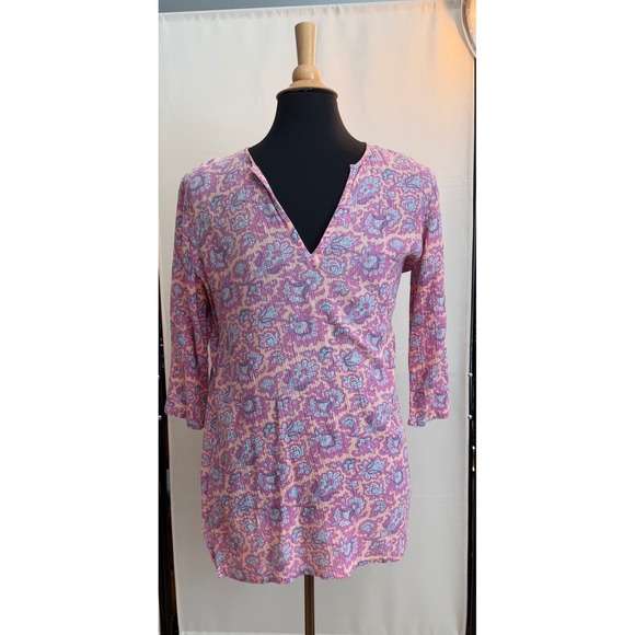 J. Crew Factory Tops - J. Crew Pink Purple Floral Paisley V-Neck Tunic Top 3/4 Sleeve Size M